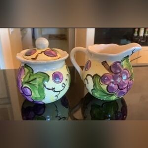 Sugar and Creamer Set, Pottery with Hand-Painted Grapes Design.